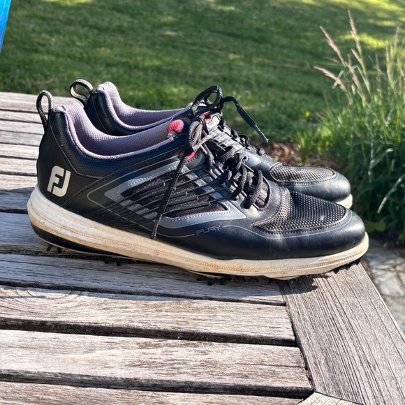 Athletic Sporty Golf‎ Shoes FootJoy Fury 10W Black Leather Mesh Spiked Cleats main image 6
